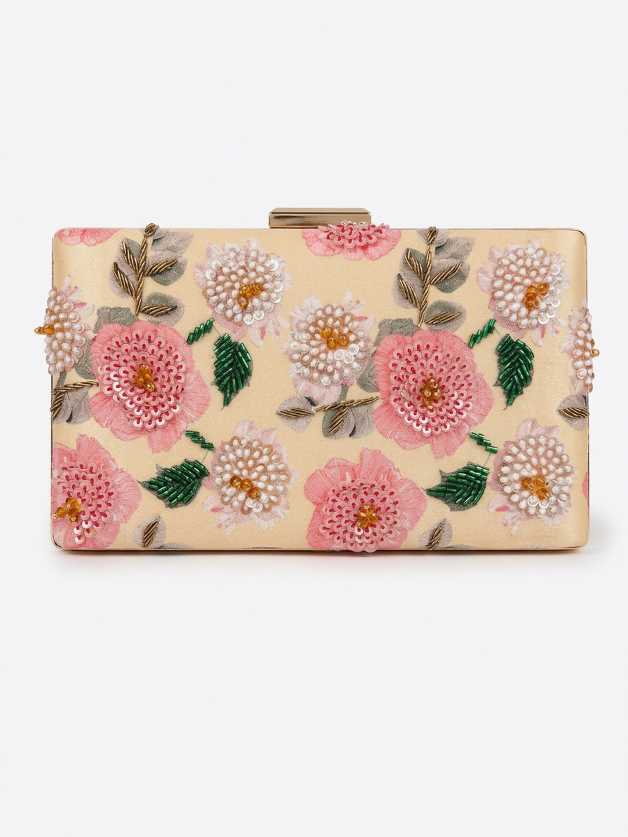 Hand Embroidered Clutch SPC 0208 with pink and ivory floral beadwork on champagne silk