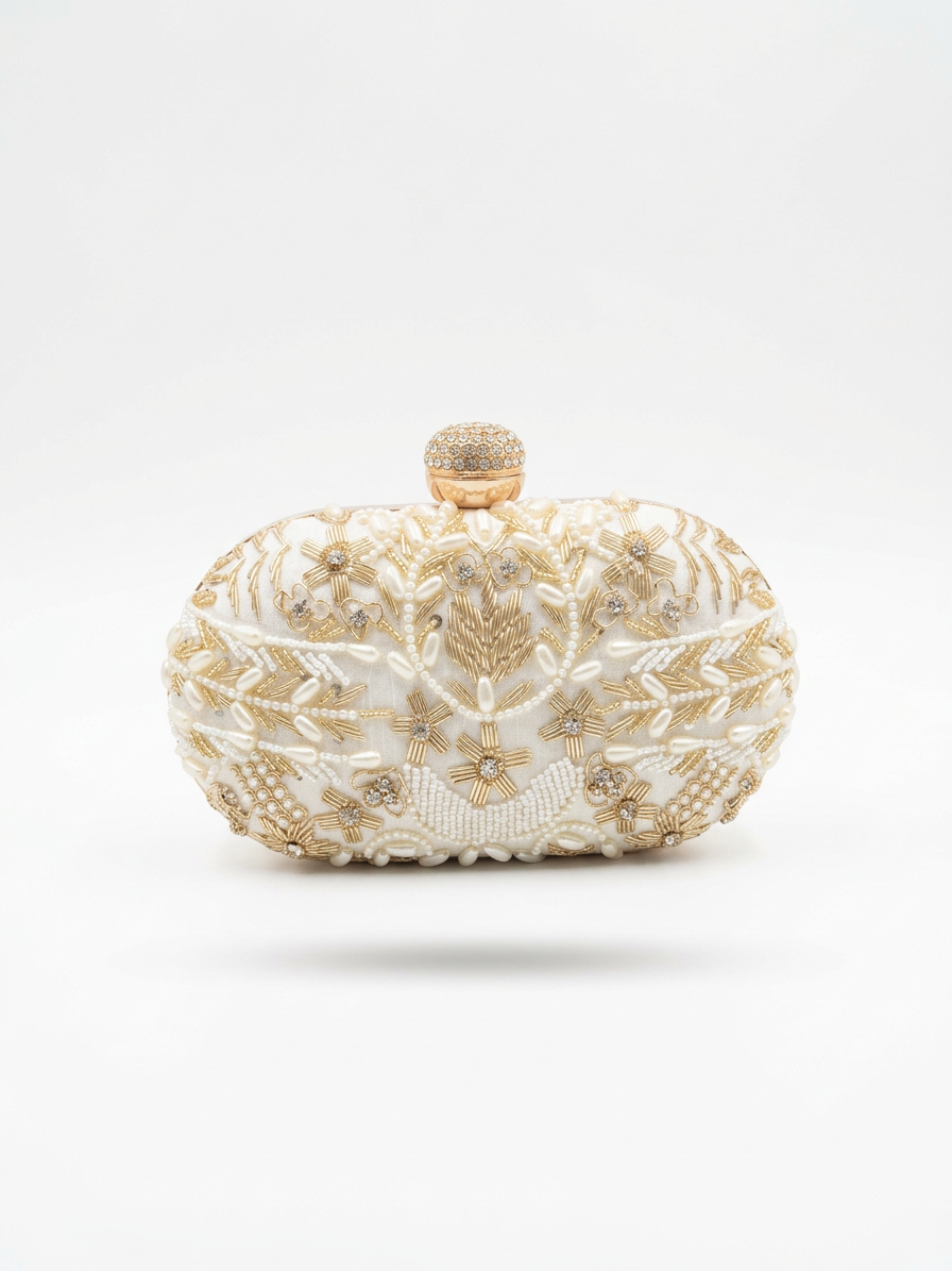 Hand Embroidered Clutch SPC 0210 with pearl and gold beadwork on ivory silk