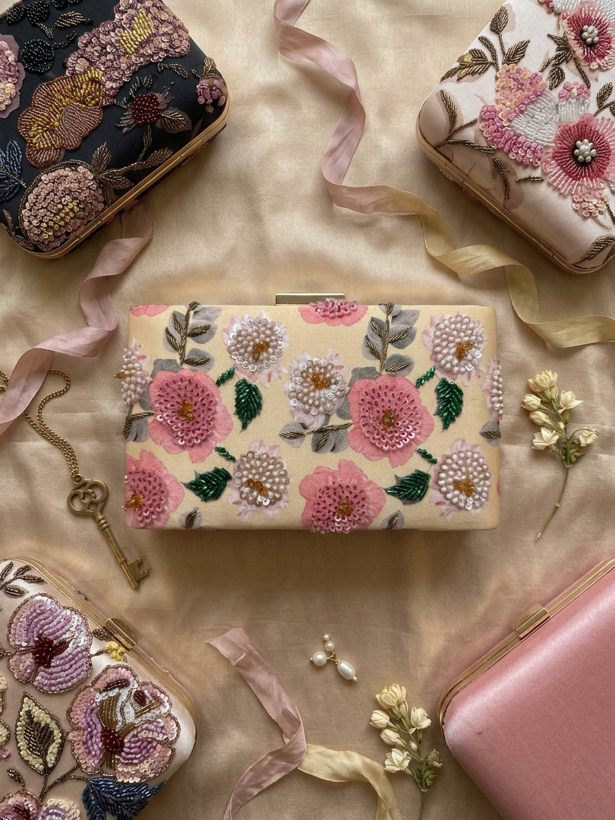 SPC 0208 styled flat-lay with ribbons, jewellery and other clutches
