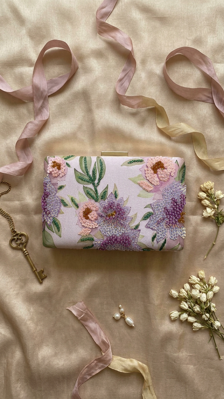 SPC 0209 styled flat-lay with ribbons, jewellery and flowers