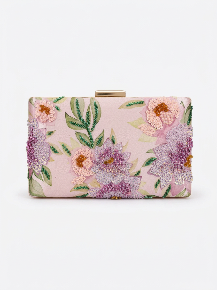 Hand Embroidered Clutch SPC 0209 with pink and lavender sequin florals on blush silk