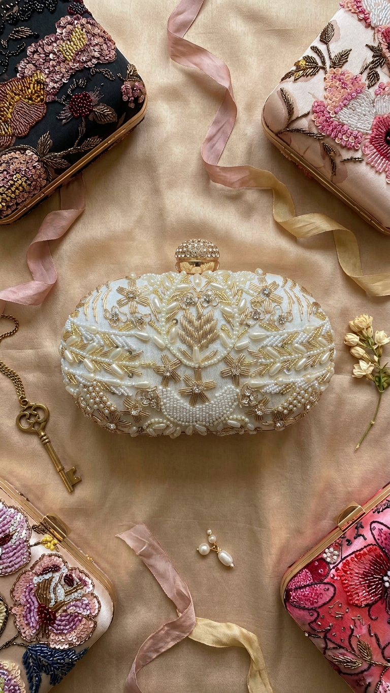 SPC 0210 styled flat-lay with ribbons, jewellery and other clutches