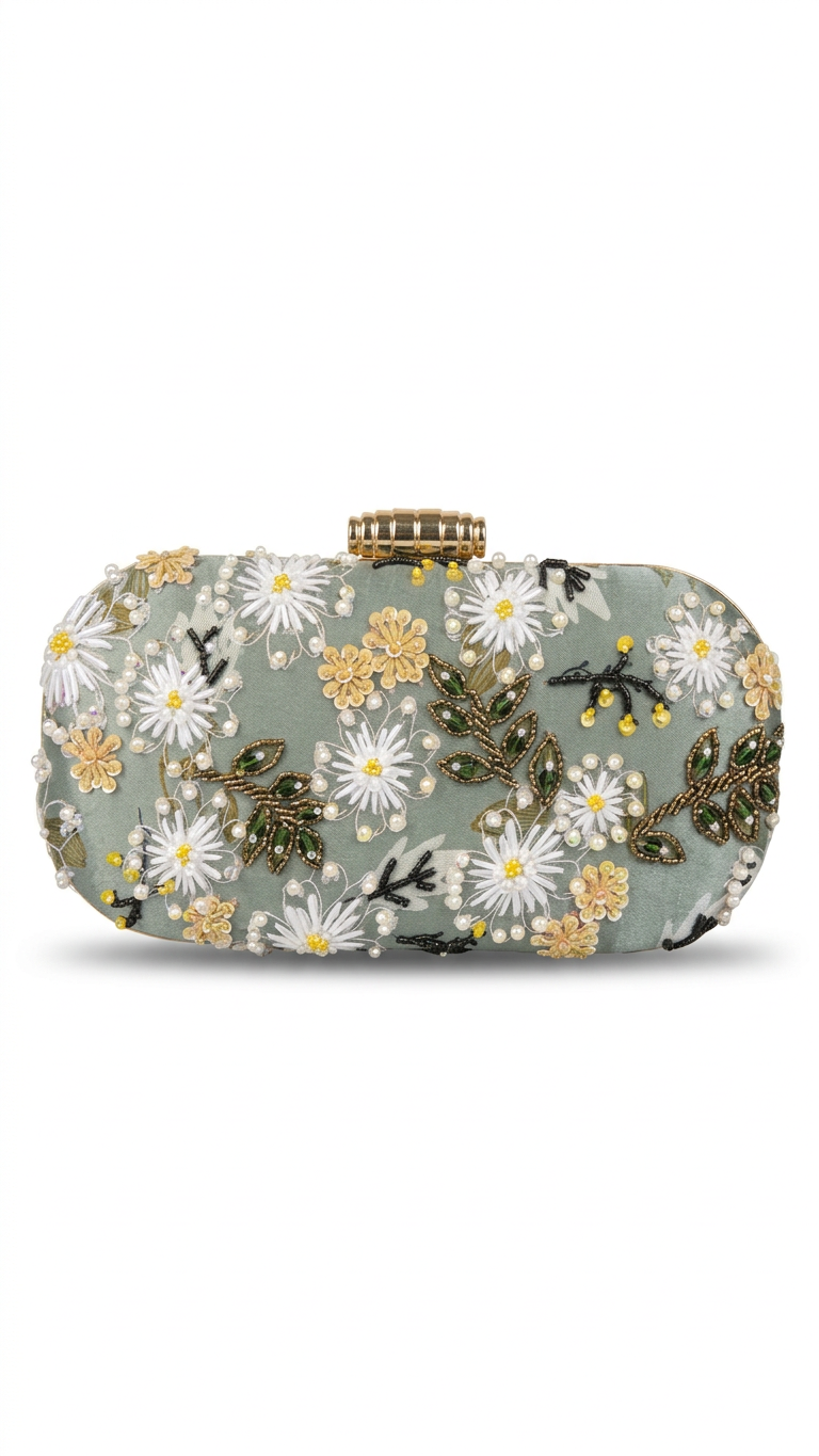 Hand Embroidered Clutch SPC 0211 with white daisy beadwork on sage silk